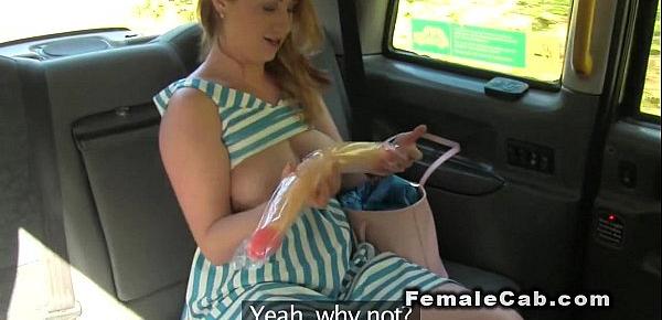 Lesbians trying huge dildo in fake taxi